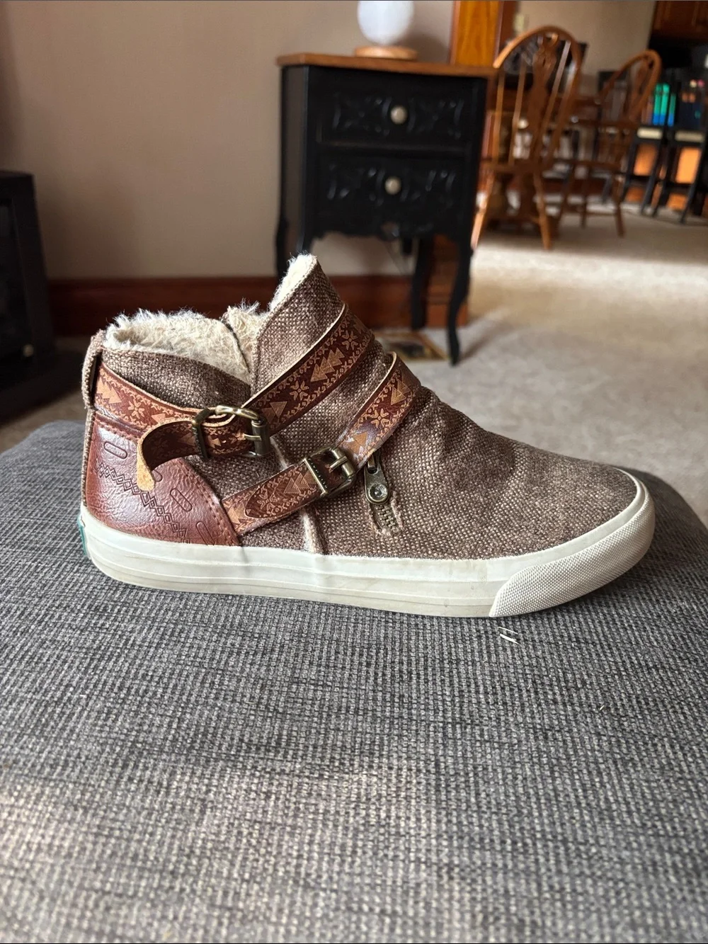 Faux-Shearling Lined Brown Ankle Booties with Buckle Detail